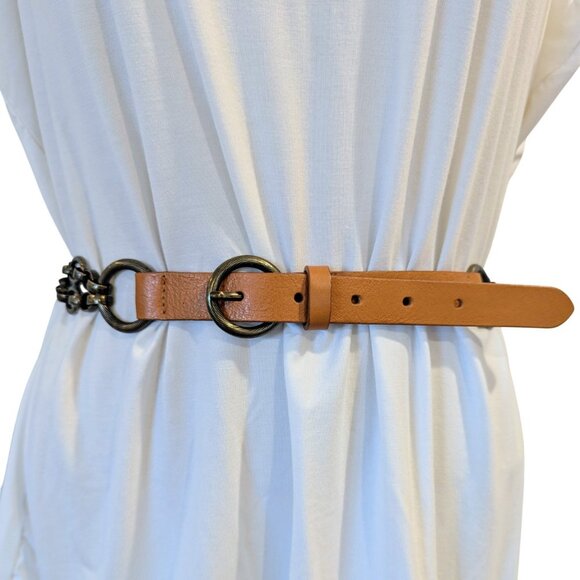 Doncaster Accessories - DONCASTER Leather & Antique Bronze Chain Belt L Orange Brown Made in Italy